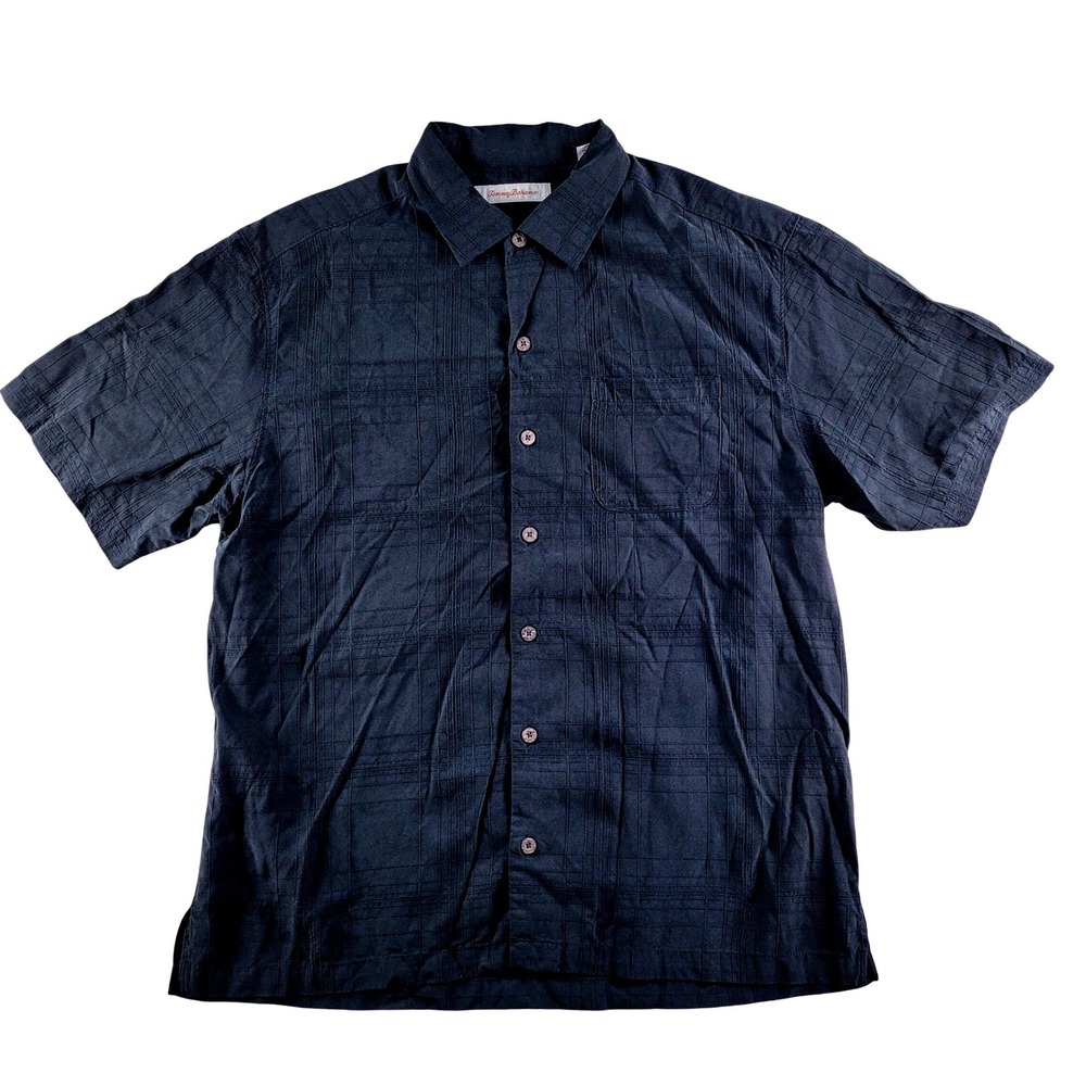 Tommy Bahama 100% Silk Shirt Mens Large Black Short Sleeve Tonal Grid Pocket